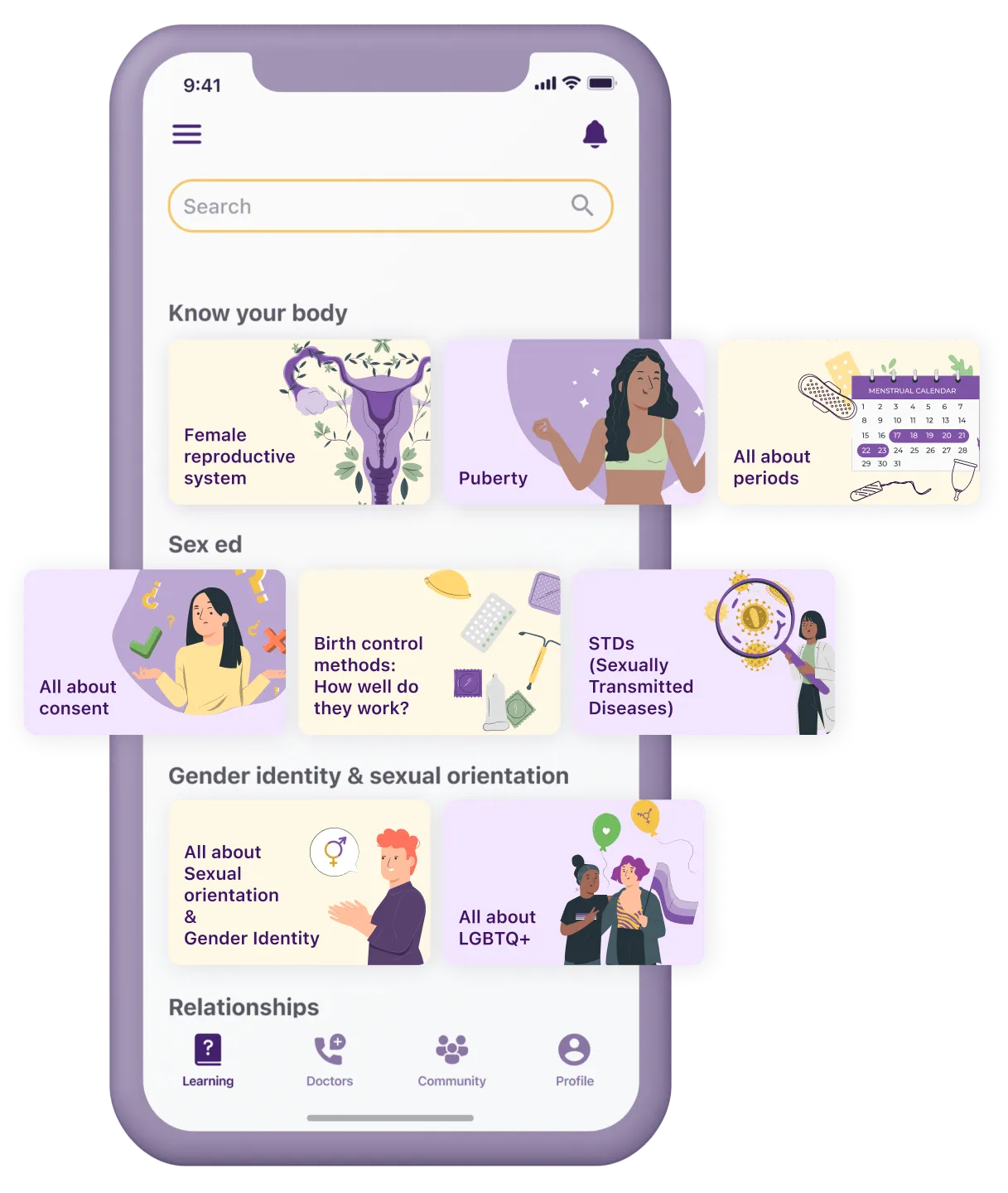 Gina app screens showing sexual health education content