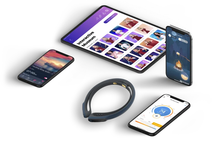 A set of devices containing a smartphone, a smartwatch, a headband and an iPad