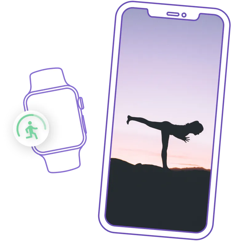 Smartphone illustration with photo of a person doing yoga pose. Smartwatch illustration. 